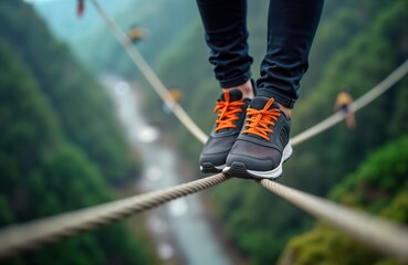 Person walks carefully on high tightrope above valley. Person balance, courage. Photo shows risk, challenge. Extreme sports like tightrope walking require strength, motivation. Risky but exciting
