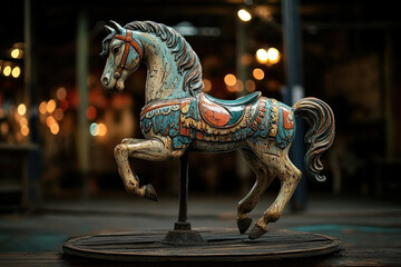 Antique carousel horse, intricately painted, weathered, vintage charm, nostalgic fairground, beautiful detail.