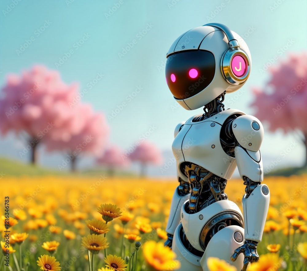 Aufkleber futuristic robot stands amidst yellow flowers. white, blue robot figure in field of yellow blossoms.