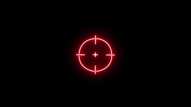Glowing neon aim cross, target search and aiming animation icon. Glowing neon 3D target icon. Crosshair, gun aim, sniper target, precise shoot, hunting, target audience on black background.	