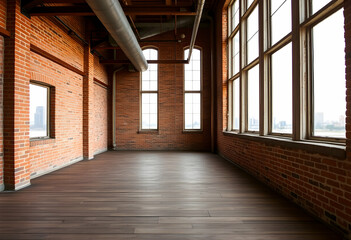 Dark industrial interior, empty warehouse space, moody atmosphere, dramatic lighting, two spotlights, golden light beams, large windows, blue tones, concrete floor, high ceiling, shadows, minimalist, 