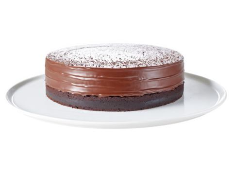 Chocolate Torte A dense, flourless chocolate torte with a glossy, rich ganache coating. The torte is made with dark chocolate,