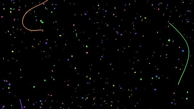 Explos&atilde;o e chuva de confete e serpentina multicolorido 10s intro + 10s loop + 10s. Isolado com transpar&ecirc;ncia m&aacute;scara preto e branca lumakey 4k 60fps