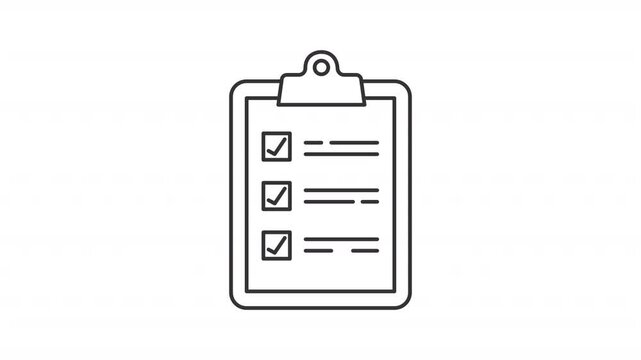 Task list checkmarks line animation. Compliance clipboard animated icon. Lines showing up. Regulation, control. Black illustration on white background. HD video with alpha channel. Motion graphic
