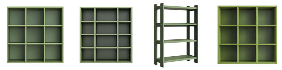 Empty green wooden modular shelving units with simple minimalist design perfect for home office or retail space organization and display  Versatile customizable storage solution for books decor