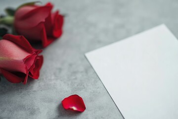 A red rose is on a table next to a piece of paper, with ample copy space for text.
