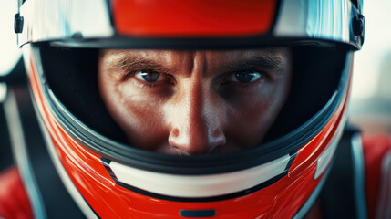 Intense racer face with helmet, showcasing determination and focus. close up captures intricate details of helmet and intensity in eyes