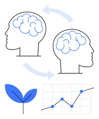 Two human profiles sharing ideas illustrated by brain outlines and arrows, a sprouting leaf symbolizing growth, and a graph with an upward trend. Ideal for education, collaboration, innovation