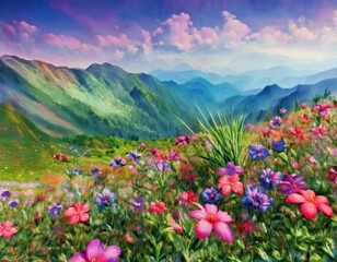 Vibrant wildflowers bloom on a lush hillside under a colorful sky in a serene mountainous landscape
