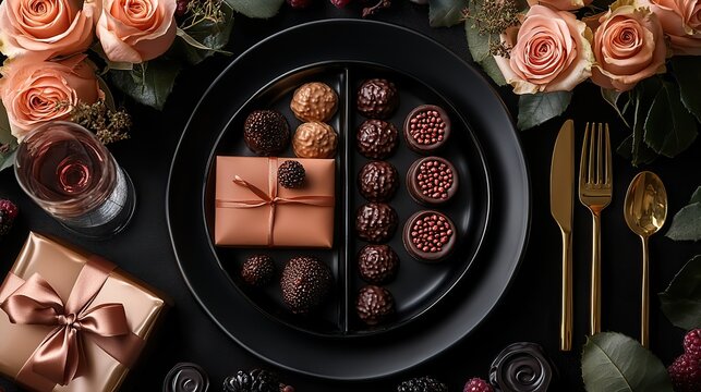 Grand opening gala sophistication a top view vertical photo featuring a tasteful table setting with plates, gold cutlery, decadent chocolate, wine glasses, a gift box, and roses against a sleek - Powered by Adobe