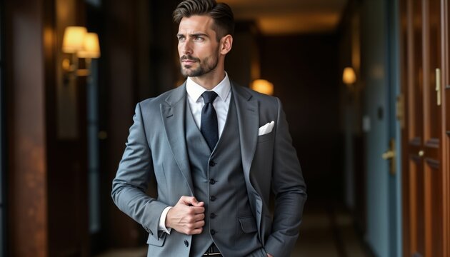 Stylish man in elegant gray suit, tie poses confidently. Handsome young adult stands indoors. Looks away thoughtfully. Modern man attire for business event formal celebration. Luxurious hotel
