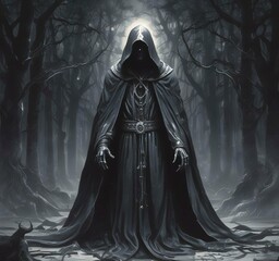 Illustration of hodded person in dark woods.