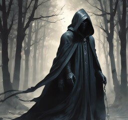 Illustration of hodded person in dark woods.