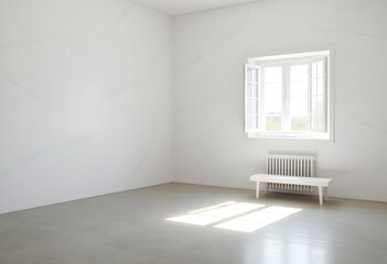 Fototapeta premium Minimalist white room, large windows, panoramic mountain view, cherry blossom trees, spring scenery, bright natural light, clean interior, potted plant, hardwood floors, serene atmosphere, architectur