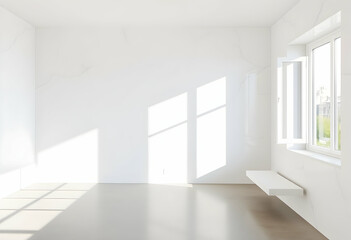 Fototapeta premium Minimalist white room, large windows, panoramic mountain view, cherry blossom trees, spring scenery, bright natural light, clean interior, potted plant, hardwood floors, serene atmosphere, architectur