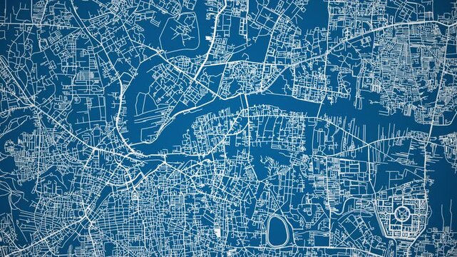 Ink reveal animation of Pune city, Maharashtra, India, grid map. Aerial top view. Blueprint style. White lines with blue background. 4K Seamless loop.
