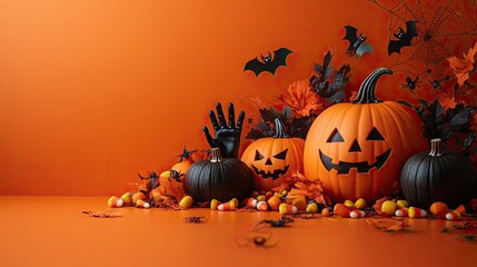 Halloween arrangement Pumpkins, candy corn, bats, spider webs, and a spooky hand arranged on an orange background
