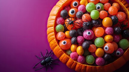 Fototapeta premium Halloween candy basket Top view of a pumpkin filled with candies, eyeballs, insects, cockroaches, centipedes, and spiders on a vibrant violet background