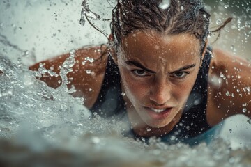 Fototapeta premium Intense swimmer emerging from waves, showcasing determination an