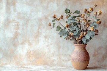 Delicate dried flowers in an earthy vase against soft pastel bac