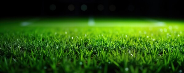 Close-up shot of vibrant green grass field at night. Sports field under stadium lights. Natural lawn texture. Ideal for sports themes. Suitable for advertising, illustrating sports events. Beautiful