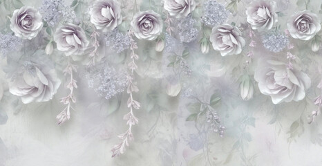 Beautiful wall design. Wallpaper for the interior. Roses on a gray background. A backdrop for celebrations and photo shoots.