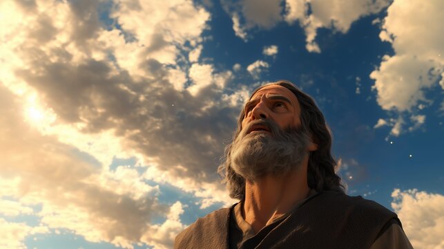 ull view of biblical Noah age 70 with shoulder length hair looking up toward a radiant sky
