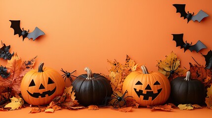 Halloween decorations pumpkins, spiders, and bats on orange create a festive atmosphere