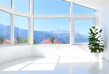 Fototapeta premium Minimalist white room, large windows, panoramic mountain view, cherry blossom trees, spring scenery, bright natural light, clean interior, potted plant, hardwood floors, serene atmosphere, architectur