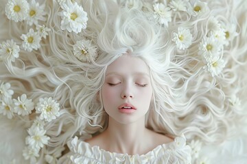 Albino woman with closed eyes lying down with white flowers in her long white hair, showing serenity and calmness