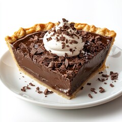 Chocolate pie served on a white plate, isolated to emphasize its traditional presentation and rich details.