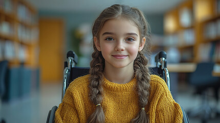 Smiling girl student posing in wheelchair at school