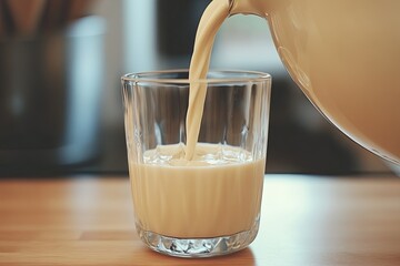 Creamy beverage cascading into clear glass, evoking warmth and c