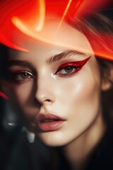 Fototapeta premium Striking portrait showcasing bold red eyeliner and vibrant light