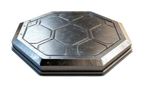 Steel hexagonal platform resting under soft lighting creates an atmosphere of mystery and intrigue in a futuristic setting isolated on transparent background