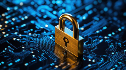 golden padlock on circuit board background symbolizes security and protection in digital world. This conveys importance of safeguarding information and technology