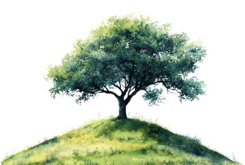 Fototapeta premium Majestic tree stands alone on a grassy hill under a bright sky, showcasing the beauty of nature and tranquility isolated on transparent background