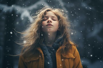 Serene young girl with closed eyes, feeling snowflakes falling on her face in a magical winter forest
