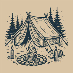 vintage illustration of Camping Scene with Campfire and Tent