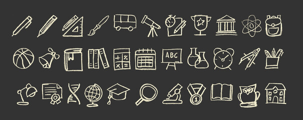 School Education Related Icons Crayon Chalk Drawing on Blackboard Vector Set