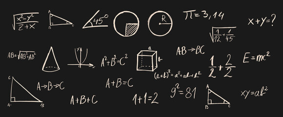 Math Equations Crayon Chalk Drawing on Blackboard Vector Set