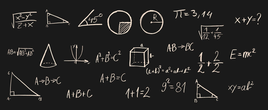 Math Equations Crayon Chalk Drawing on Blackboard Vector Set