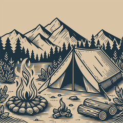 Fototapeta premium Hand Drawn Illustration of Outdoor Campfire and Tent in vintage style