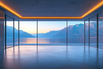 Fototapeta premium Wide shot of a modern architectural building interior with floor-to-ceiling windows, looking out over the water and mountains. 
