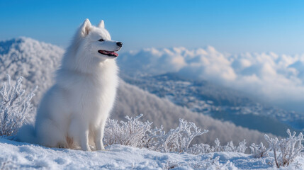 majestic white dog sits in snow, surrounded by stunning winter landscape. bright blue sky contrasts beautifully with fluffy fur of dog, creating serene and peaceful atmosphere