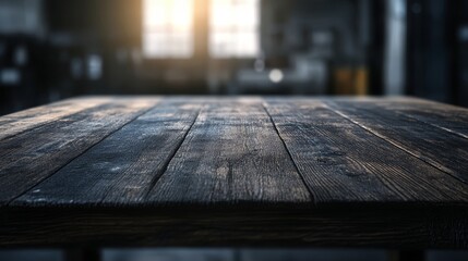 Fototapeta premium Rustic Wood Table, Sunlight Glow, Warm Morning Light, Cozy Ambiance, Wooden Texture, Natural Setting, Rustic Charm