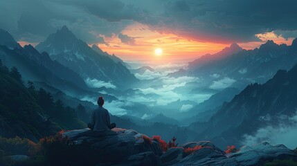Fototapeta premium Flat design captures the serenity of meditation on a peaceful mountain ledge