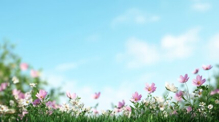 Spring flowers blooming in a field under a bright blue sky with fluffy clouds; idyllic scene perfect for springtime greeting cards