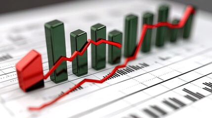 Financial graph with line and bar charts in green and red, depicting gains and losses, intense business theme 