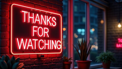 Neon sign thanks for watching. Red neon light. Brick wall background. Stylish urban design. Night atmosphere. Retro vintage aesthetic. Urban ambiance. Night scene. Interior design.